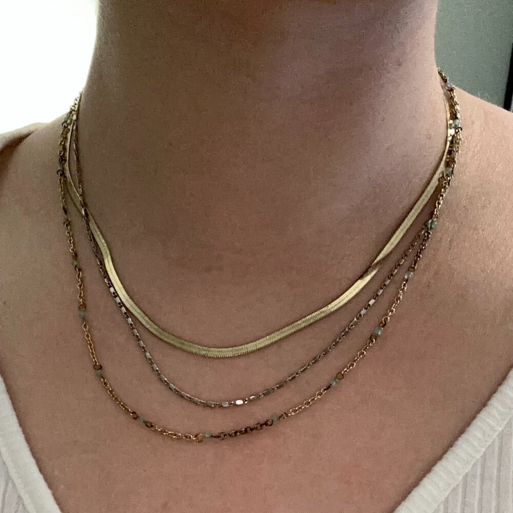 Free People Layered Necklace – Gold & Silver Mix with Green Beads